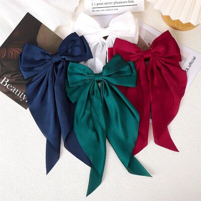 Girls Long Big Bow Float Satin Clips Back Head Hair Clip Int