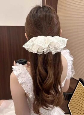 Double-layered lace hair scrunchie, large French white bow w