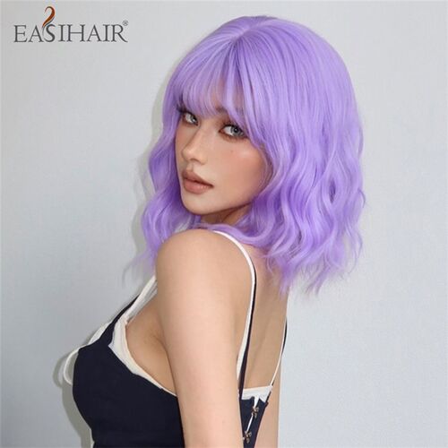 Short Synthetic Wigs Purple Blue Curly Wave Wigs with Bangs