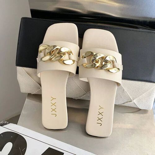 2024 New Fashion Womens Slippers Square Toe Chain Slippers