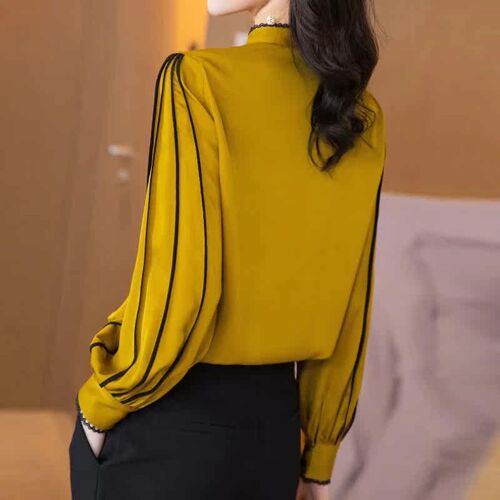 Yellow and Black Real Silk Shirt Spring Autumn Fashion Blous