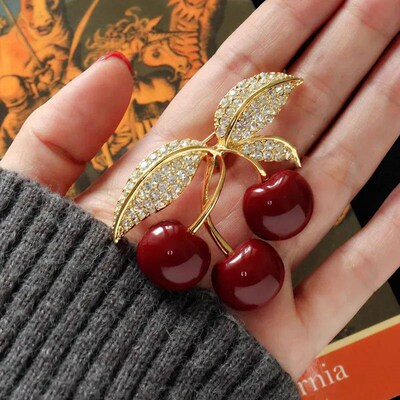 Elegant Enamel Glazed Fruit Red Cherry Pin Brooch Medieval E