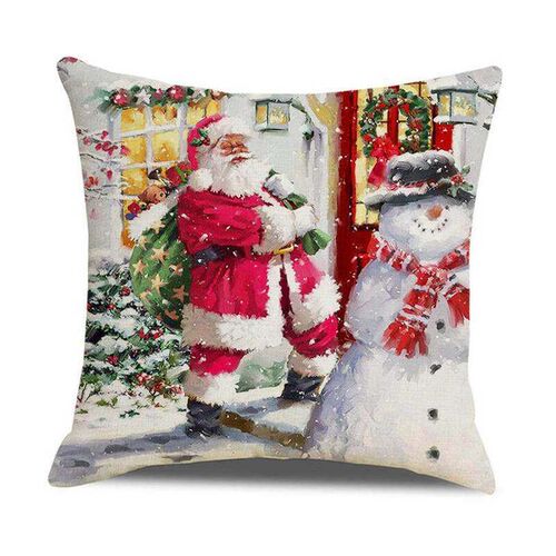 Christmas Pillow Watercolor Cartoon Linen Cushion Cover Euro