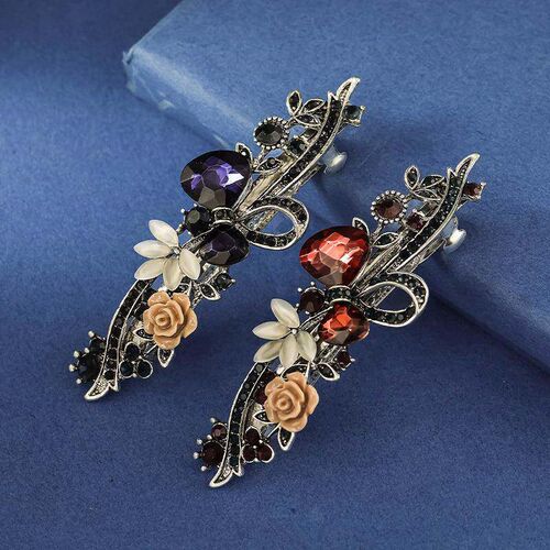 Korean Red Crystal Flower Bow Spring Hairpin Vintage Ink Blu