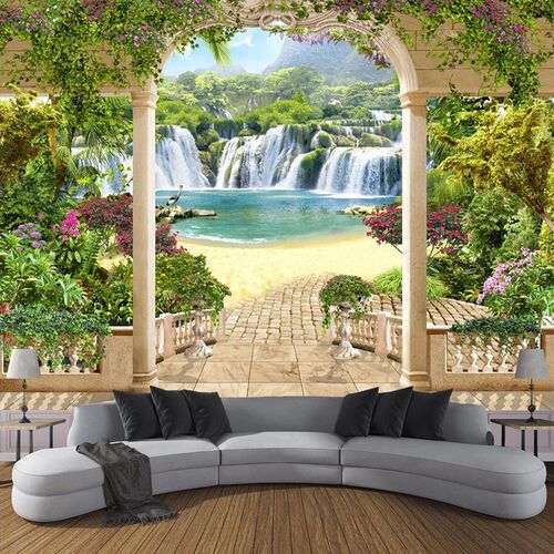 Custom 3D Photo Wallpaper Garden Balcony Waterfall Landscape