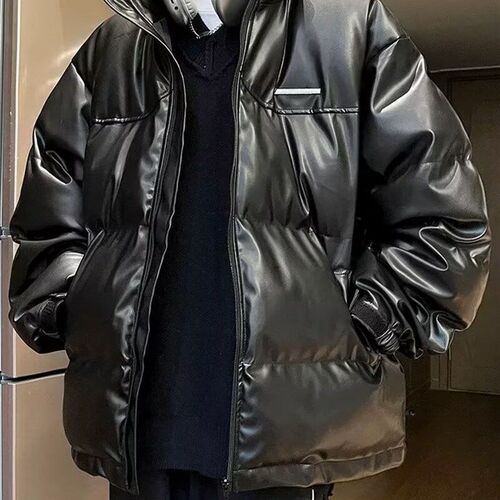 PU Leather Padded Coat for Men Winter Standup Collar Bread C