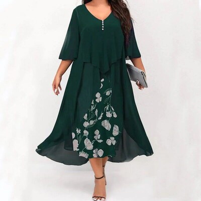 Plus Size XL-5XL Elegant Fashion V-Neck Loose Party Dress Ne