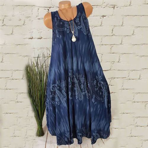 Women Summer Flower Print Sleeveless Round Neck Loose Shift