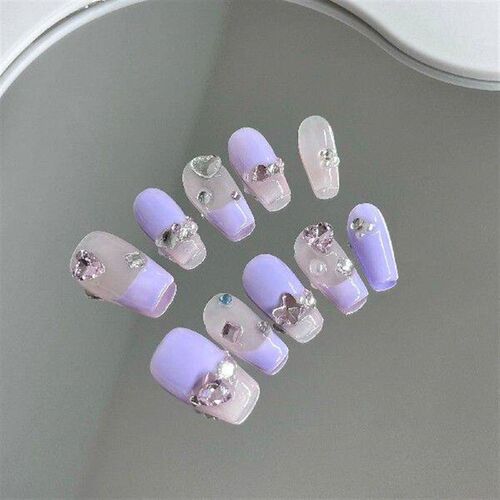 French Purple Fake Nails with Rhinestone Sweet & Charming