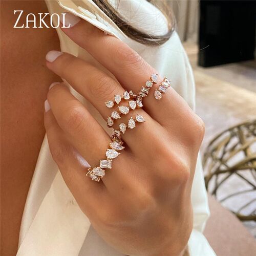 ZAKOL Fashion 3 Layers Irregular Zirconia Open Rings for Wom