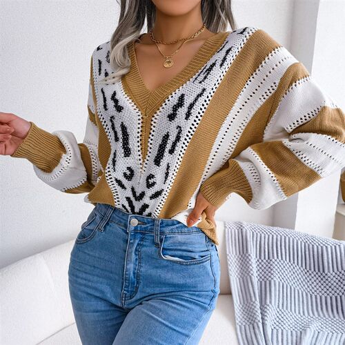Women Casual Leopard V Neck Long Sleeve Knitted Sweater