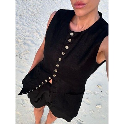 Elegant Women Single-breasted Long Vest Fashion Solid O-neck