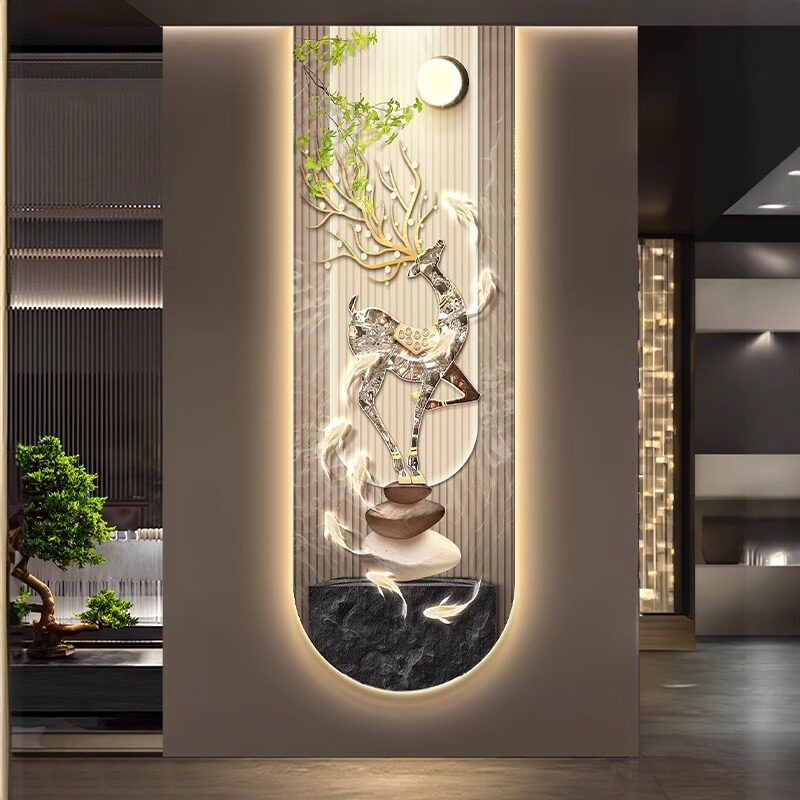 壁灯九鱼图生财鹿玄关高端装饰画灯光画客厅走廊过道LED发光挂画