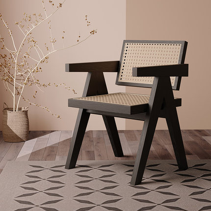 藤编餐椅家用中古侘寂风设计师茶椅子阳台休闲昌迪加尔实木餐桌椅