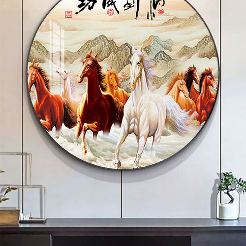 马到成功客厅装饰画进门过道玄关走廊挂画八骏全图办公室圆形壁画