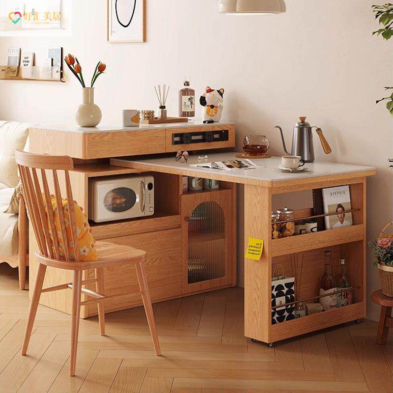 汇木屋实木岛旋台伸缩餐桌一体家用见详情页好原木奶油风岩板转多