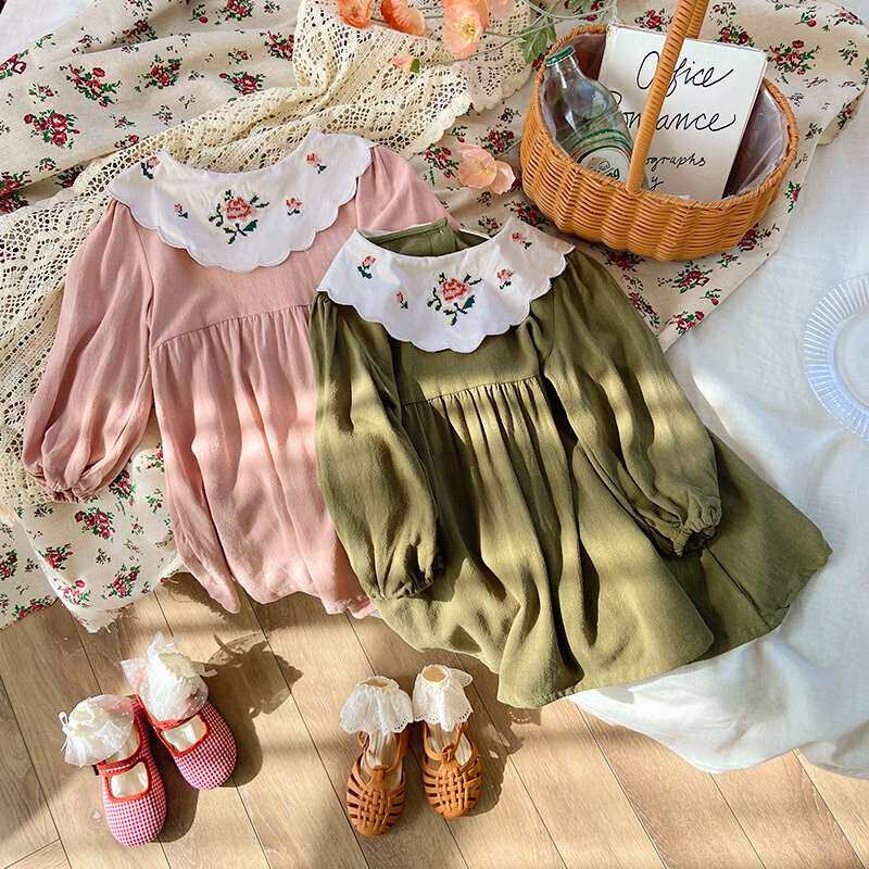 French Embroidered Girls Dress Spring Flower Lapel Long Sle