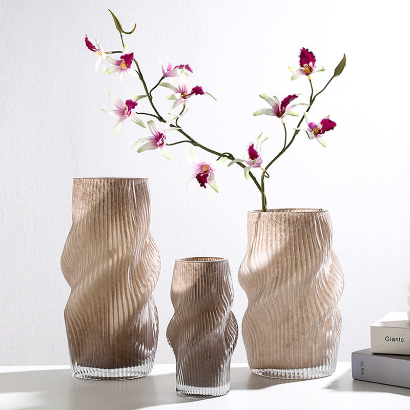 侘寂风螺旋条纹琉璃棕色花瓶直筒大口径民宿摆件仿真花水培插花器,家居饰品,花瓶,淘宝优惠券,粉丝福利购,淘宝优惠卷