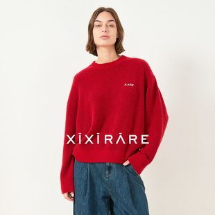 xixirare稀宥女装大红色圆领毛衫羊绒衫柔软长袖宽松套头休闲毛衣
