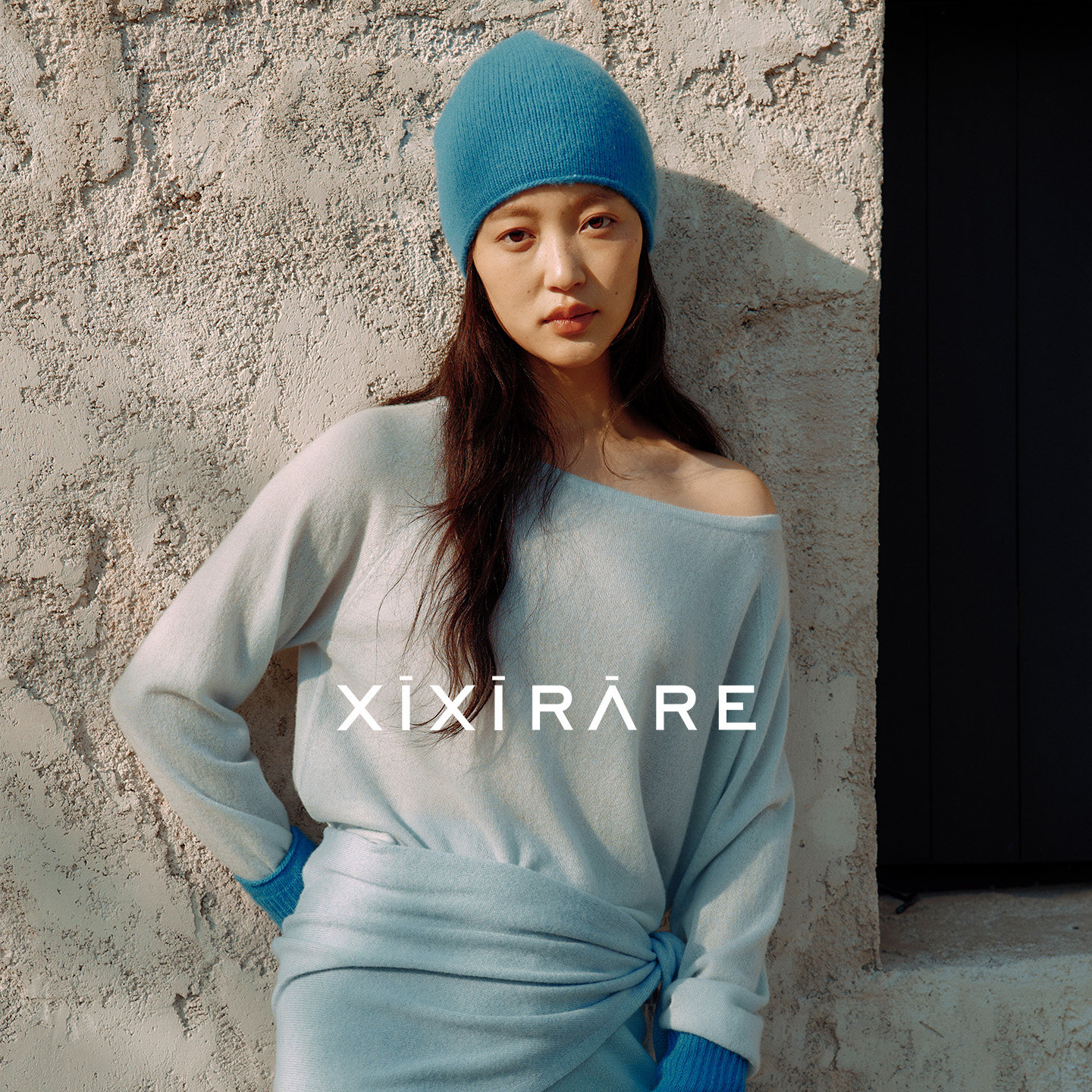 xixirare稀宥女装露肩薄款羊绒针织衫修身长袖上衣空调房专属浅蓝