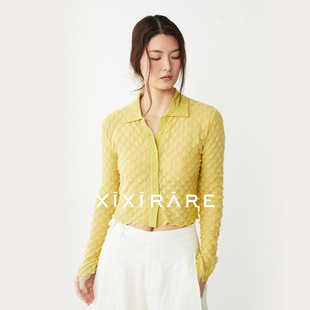 xixirare稀宥女装羽毛纹理羊毛修身短针织开衫翻领纽扣长袖贝母绿