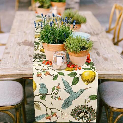 Blue Bird Lemon Tree Printed Linen Table Runners Summer Fall