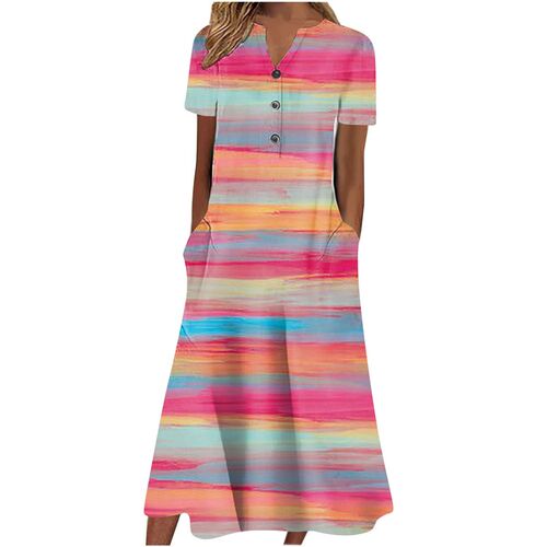 2025 Womens V-neck Button Short Sleeve Loose Large Swing Pr