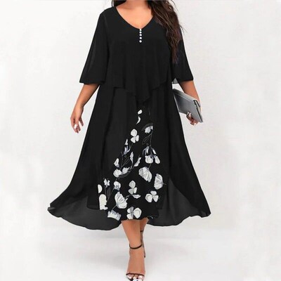 Plus Size XL-5XL Elegant Fashion V-Neck Loose Party Dress Ne