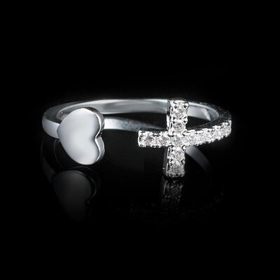 1PC Silver Color Alloy Rhinestone Cross Ring Geometric Heart