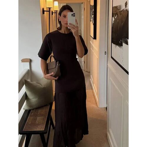 Fashion Mesh Patchwork Maxi Dress For Women Elegant Brown Ro