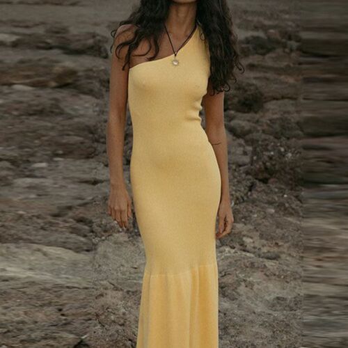 Fashion One Shoulder Knitted Patchwork Maxi Dress Women Diag