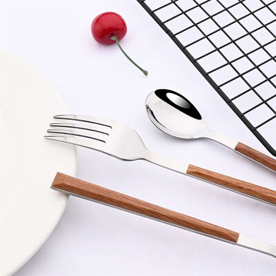 6/30Pcs Stainless Steel Dinner Flatware Imitation Wooden
