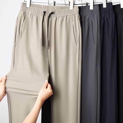 Summer Thin Mens Extra Large Size Ice Silk Pants Elastic Wa
