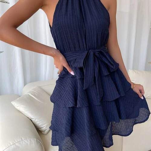 LiTi Summer Chiffon Summer halter dress ruffles Textured Kni