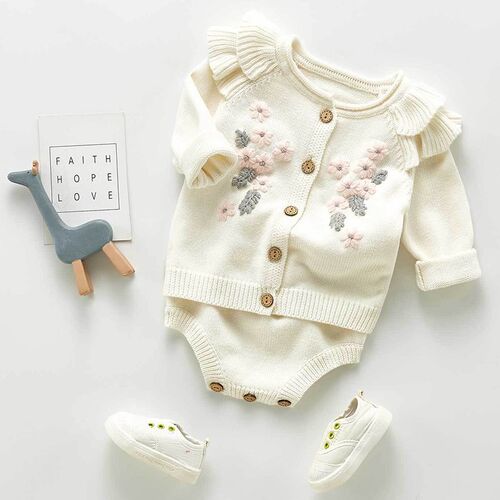 Children Baby Clohting Knit Set Autumn Embroidery Flowers Se