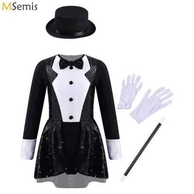 Teen Magician Cotume Set Long Sleeve Bow Tie Sequin Leotard