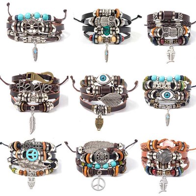 Turquoise Mens Woven Leather Beaded Brlet Multi-layer Penda