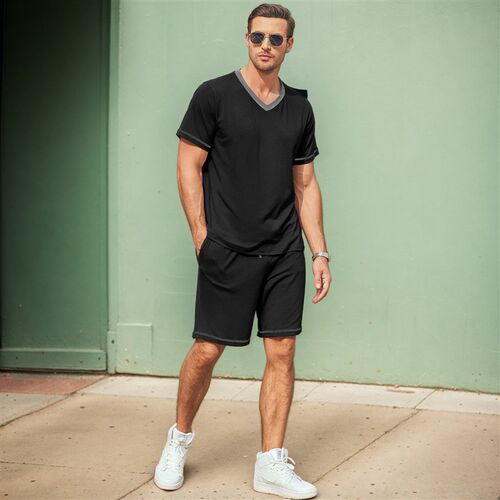 Mens Casual Suit Short-sleeved Shorts Two-piece Set Contras