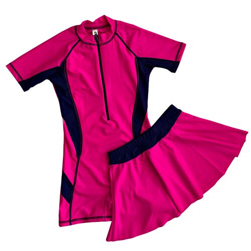 Zipper Front Kids Girl Two Piece Swimsuit With Skirt Short S