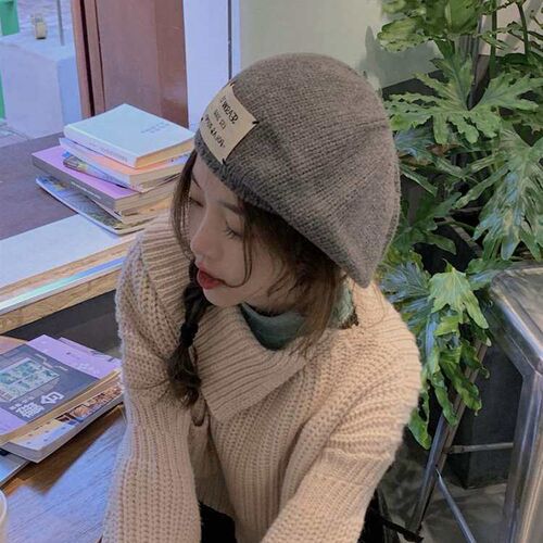 Ins Sticker Letter Knitted Wool Beret Womens Autumn and Win