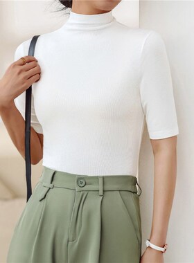Half Turtleneck Milk Silk Tops Women Short Sleeve Slim T-Shi