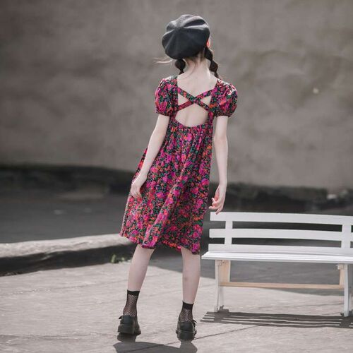 Girls Floral Dress Summer New Cotton Childrens Backless Sh