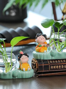 新款办公桌家居饰品水养绿萝花瓶古风唐朝侍女家居摆件花瓶花盆器