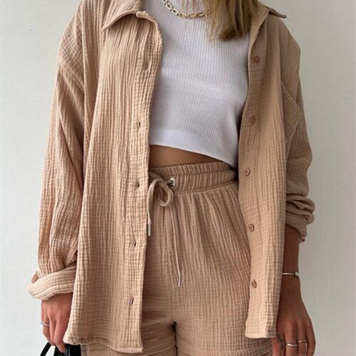 Oversized Shirt Shorts Two Piece Sets Women Spring Cotton op