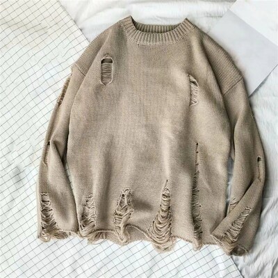 Men Wash Hole Ripped Knit Sweaters Solid Color Ripped O Neck