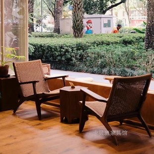 实木藤编扶手椅家用客厅阳台靠背看书椅现代懒人设计师单人沙发椅