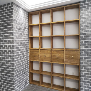 定制老榆木书架书柜纯实木原木格子架满墙书架漫咖啡隔断落地置物