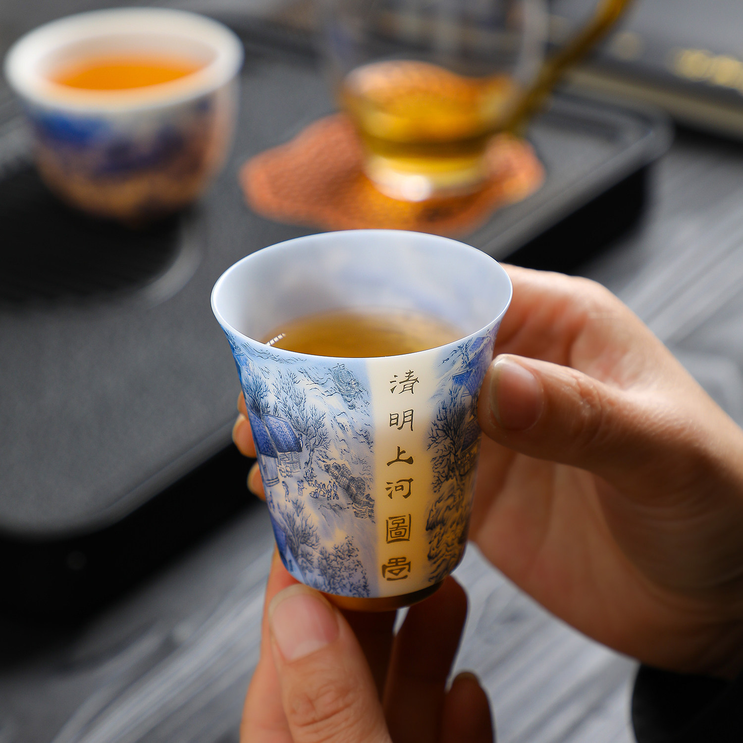 清明上河图薄胎陶瓷茶杯主人杯青花瓷功夫茶具单杯中式复古品茗杯