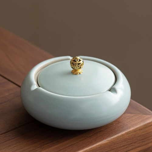 晨翔天青汝窑烟灰缸高端陶瓷家用客厅防灰飞带盖高级感办公室烟缸