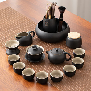 黑陶茶杯套装轻奢高档家用功夫茶具复古陶瓷茶壶盖碗现代办公整套